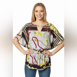 7th Avenue Scarf Print Belted Blouse • Chain Detail • Vibrant Floral • Size M